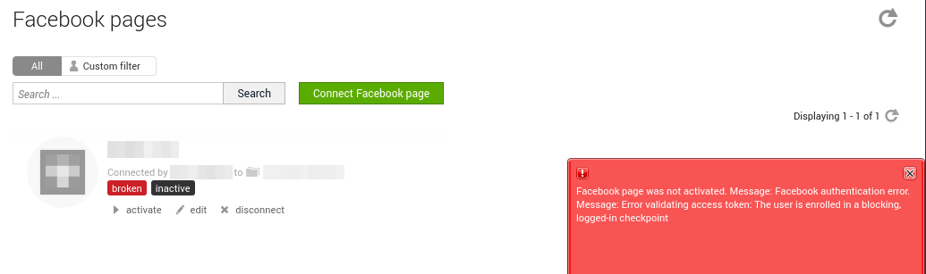 Error when attempting to re-link Facebook account.